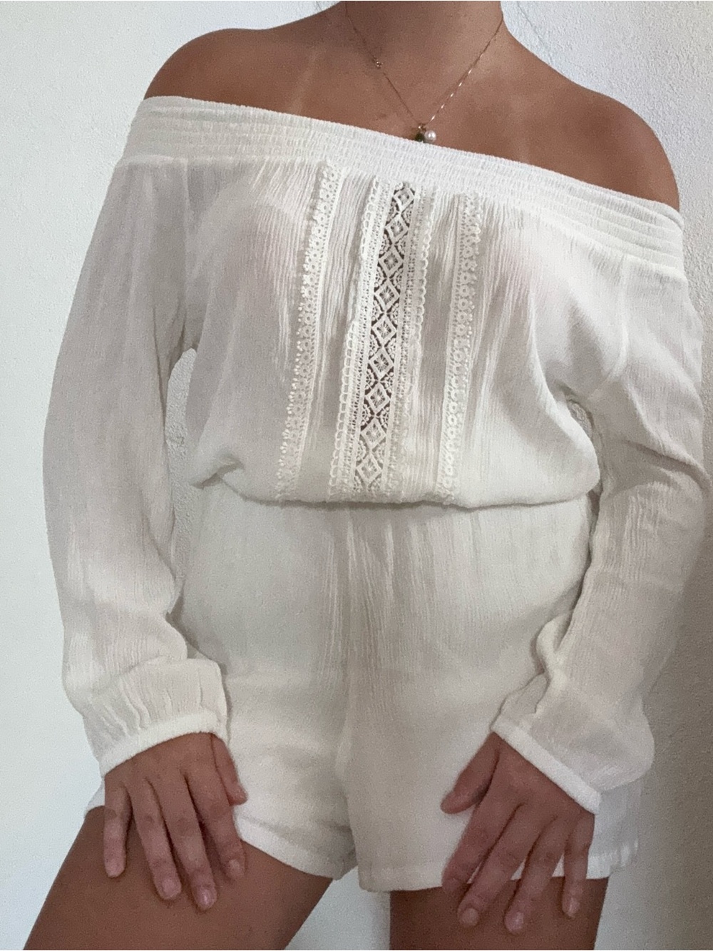 Dynamite Off-Shoulder White Lace-Trim Romper